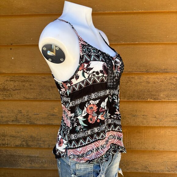 Happening In The Present Floral Black Tie Key Hole Front Tank Top Size S - Picture 4 of 7